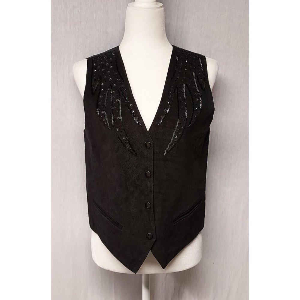 Willow New York Women Vintage Black Beaded Embellished Suede Leather Vest Medium